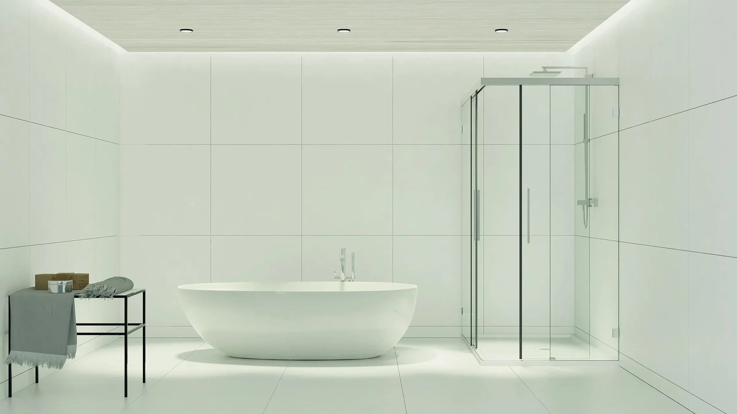 Badezimmer mit Eckduschkabine und Schiebetüren neben eleganter Badewanne Badezimmer mit Eckduschkabine und Schiebetüren neben eleganter Badewanne