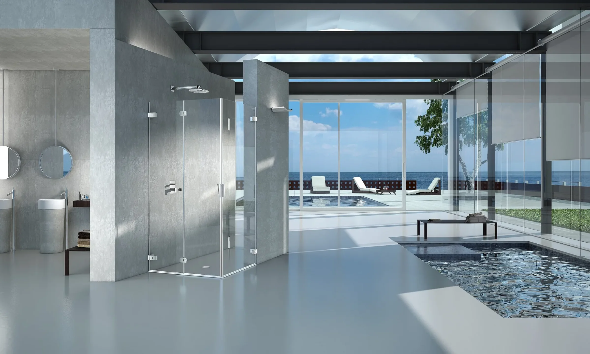 Modernes Bad mit Glas Duschkabine in Eckeinstieg-Bauform und bodengleicher Dusche Modernes Bad mit Glas Duschkabine in Eckeinstieg-Bauform und bodengleicher Dusche
