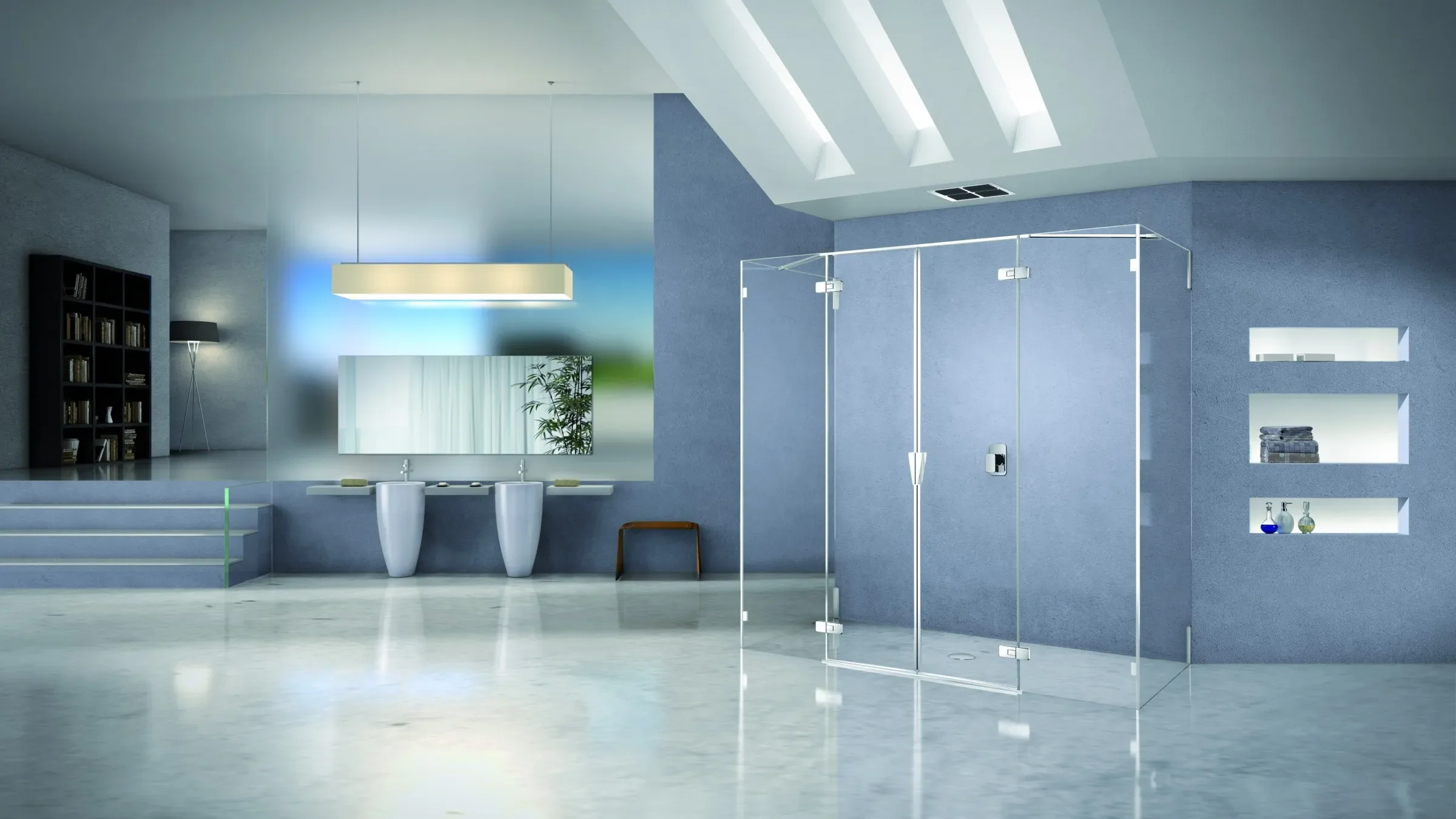 Modernes Bad mit stilvoller Glas-Duschabtrennung, Doppelwaschbecken und eleganten Wanddetails für zeitloses Design Modernes Bad mit stilvoller Glas-Duschabtrennung, Doppelwaschbecken und eleganten Wanddetails für zeitloses Design