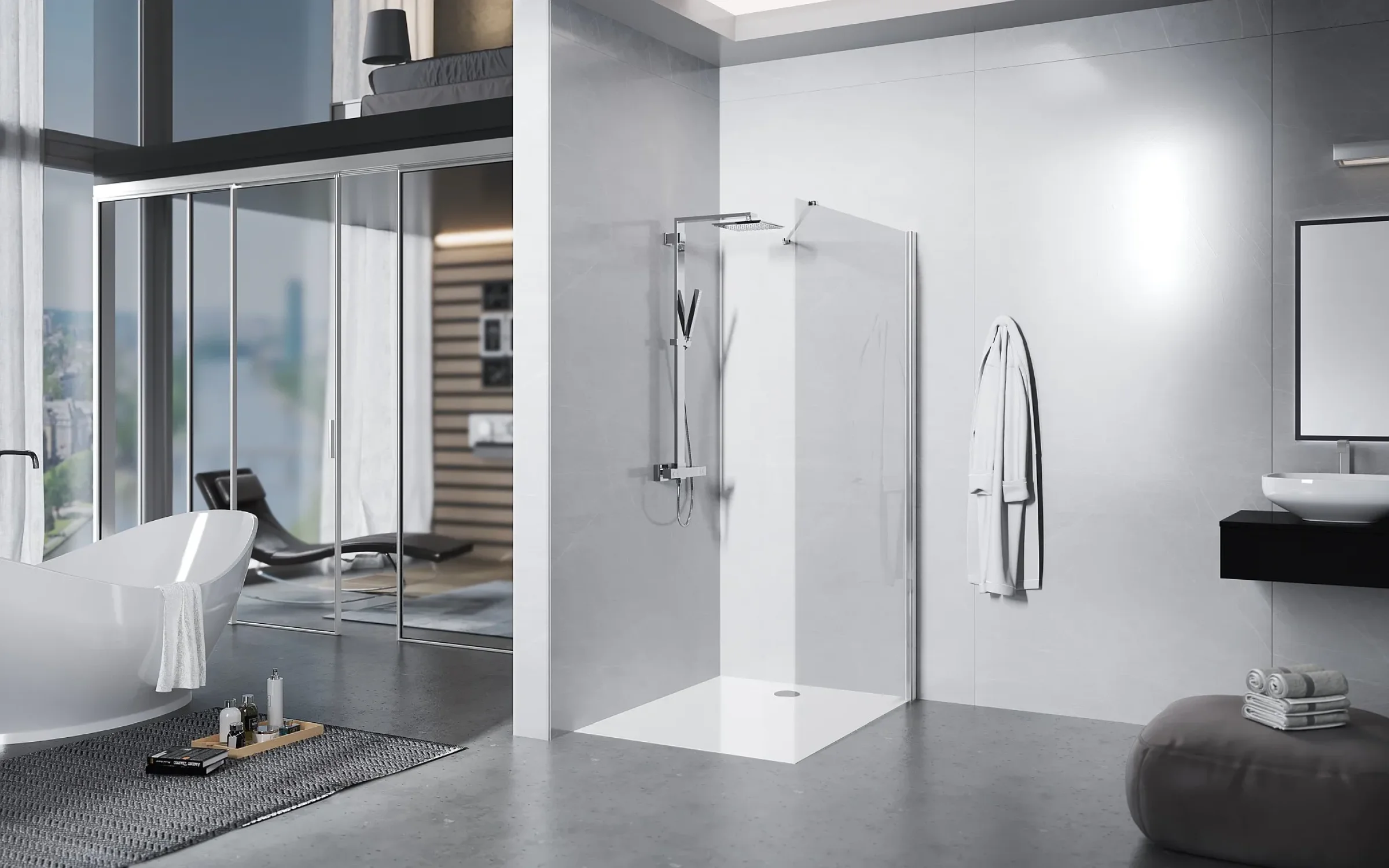 Modernes Bad mit begehbarer Walk-In Dusche und Glas Duschabtrennung in eleganter Ausführung Modernes Bad mit begehbarer Walk-In Dusche und Glas Duschabtrennung in eleganter Ausführung