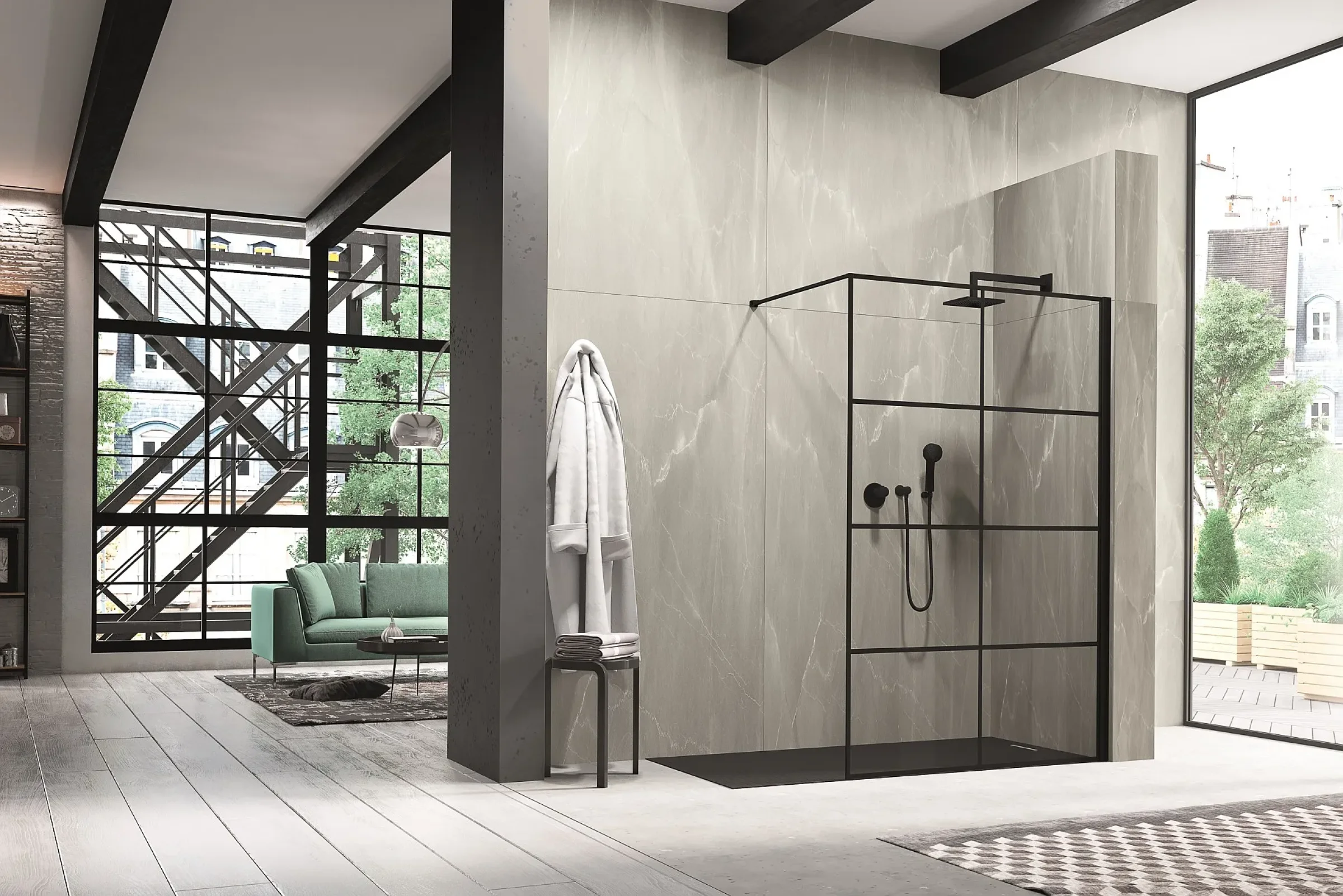 Stylische Walk-In Duschkabine mit schwarzer Glasabtrennung in modernem Badezimmer Design Stylische Walk-In Duschkabine mit schwarzer Glasabtrennung in modernem Badezimmer Design
